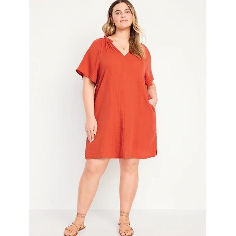 Old‎ Navy Womens Gauze Shift Dress Size 2X Orange Flutter Sleeve Boho V-Neck
